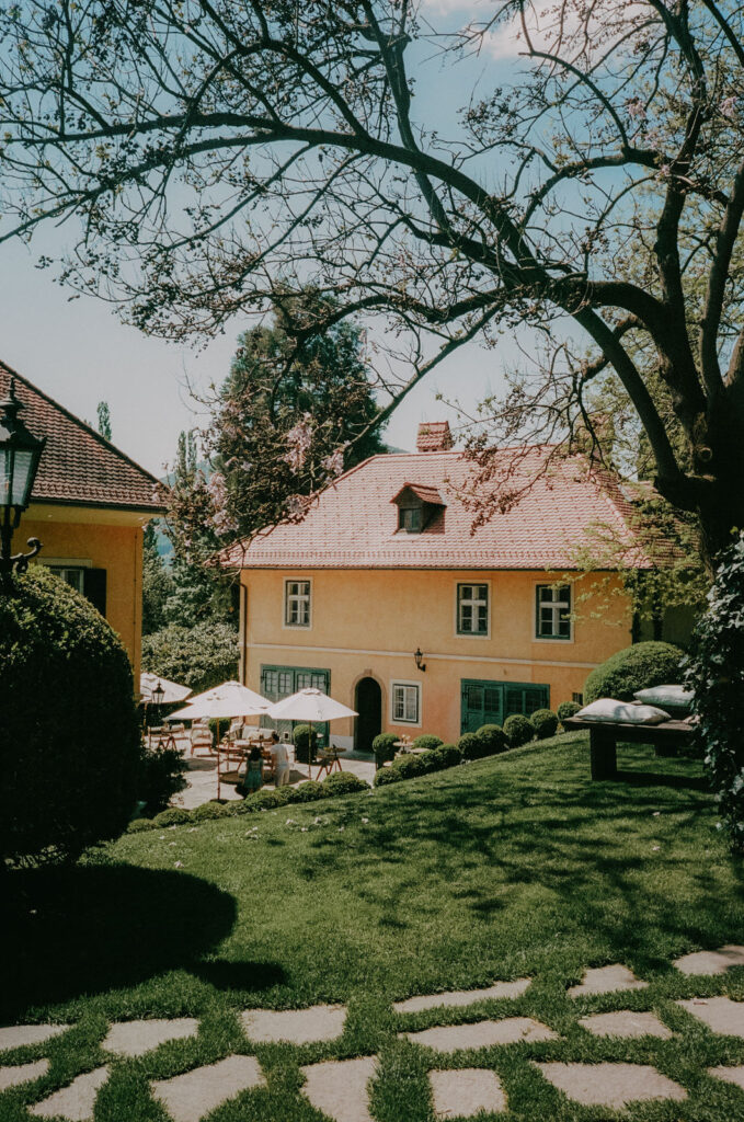 Sommerlicher Blick auf die gelbe Fassade von Schloss St. Veit mit festlicher Hochzeitslocation im Freien – fotografiert auf Portra 400.