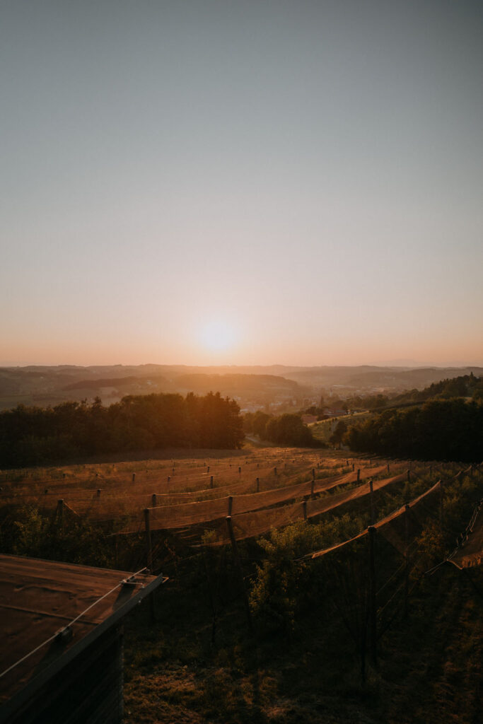 Sonnenuntergang über den Hügeln der Steiermark nach der Hochzeitsfeier beim Obstbau Haas